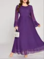 Detalle de vestido largo morado de talla grande, mangas transparentes y puños elegantes. - 0XL / Púrpura