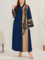 Vista dettagliata dell'abito lungo plus size con pannello a contrasto e ricamo. - 0XL / Vestiti / Patchwork Blu Scuro Cachi