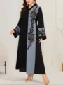 Vista dettagliata di abaya nera taglia forte con eleganti pannelli ricamati grigi. - 1XL / Vestiti / Nero