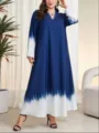 Dettagli dell'abito lungo oversize a maniche lunghe con scollo a V sfumato blu. - 1XL / Vestiti / Sfumatura Blu Bianco