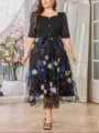 Vestido midi negro de talla grande con malla bordada de flores y cinturón elegante. - 0XL / Negro