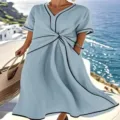 Light blue contrast piping v-neck dress with stylish front twist and short sleeves. - S / Dresses / Short Sleeve Blue