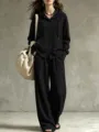 Modisches Herbst Damen Kapuzenstrickjacke und bequeme weite Hose Set Detailansicht. - 3XL (Große Größe) / Oberteil und Unterteil / Schwarz