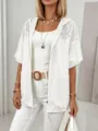 White lace patchwork hooded short sleeve jacket detail showing hollow crochet and zipper design. - S / Tops / White