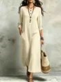 Bohostyle Langarm Maxikleid mit Taschen, beigefarbenes lockeres Freizeit-Leinenkleid - S / Kleider / Khaki