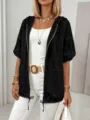 Black lace hooded short sleeve cardigan zip up sun protection top for women summer fashion - L / Tops / Black