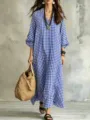 Blue white gingham dress detail, V-neck lantern sleeves, casual loose fit long maxi style. - S / Dresses / Blue