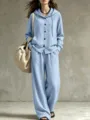 Casual autumn light blue hooded cardigan and wide leg pants loungewear set for women. - 3XL (Plus Size) / Top And Bottom / Sky Blue