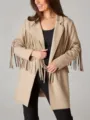 Beige fringe cardigan detail view, featuring long sleeves and vintage style for women. - S / Tops / Khaki