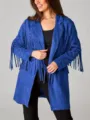 Women royal blue fringe suede cardigan jacket vintage casual outerwear long sleeve top - S / Tops / Blue