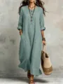Salbeigrünes Langarm Boho Maxikleid mit Taschen, Lässiges lockeres Leinenmischgewebe Kleid - S / Kleider / Grün