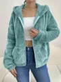 Turquoise fuzzy zip-up hoodie for women, soft fleece hooded jacket with pockets and zipper. - Teal