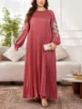 Elegant plus size pleated maxi dress featuring delicate floral embroidery on long sleeves. - Pink Embroidery
