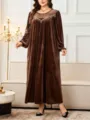Plus size brown velvet maxi dress for women long sleeve elegant formal party long robe abaya - Brown Suede Spliced