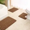 Brown pebble memory foam bathroom mat 3-piece set absorbent non-slip floor carpet - Coffee