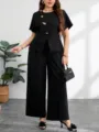 Elegantes schwarzes Zweiteiler-Set mit Kurzarm-Oberteil und weiten Hosen für den Alltag. - 0XL / 04