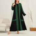 Große Größen Herbst Farbblock Langarm Lässiges Maxi Kleid Elegante Damenmode Neu - 0XL / Grün