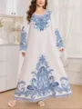 Vestido maxi casual bohemio de manga larga de talla grande para mujer estampado azul blanco - 3XL / Blanco