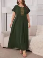 Plus size dark green maxi dress featuring elegant gold embroidery detail for women. - 0XL / Dresses / Army Green