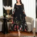 Elegant plus size floral square neck long sleeve maxi dress for autumn fashion look - Multicolor