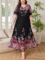 Vestido midi de gasa con estampado floral de talla grande elegante manga corta negro - 0XL / Negro