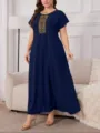 Plus size casual navy blue maxi dress featuring elegant gold embroidery detail for women. - 0XL / Dresses / Navy Blue