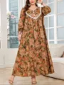 Casual plus size floral print long dress with white lace trim and buttons for women. - 3XL / Khaki Floral