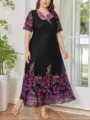 Vestido largo maxi de mujer talla grande elegante con estampado floral cuello V chifón - 1XL / Negro