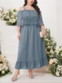 Vista dettagliata dello splendido ed elegante vestito lungo plus size grigio-blu in pizzo. - 0XL / Vestiti / Blu grigiastro