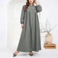 Übergröße Herbst Langarm Stehkragen Knopf Lose Maxikleid Alltag Freizeit Pendler Kleid - 0XL / Grau