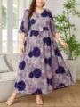 Vestido largo de talla grande para mujer, vestido maxi holgado con estampado floral. - 1XL / Púrpura
