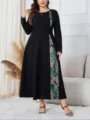Plus size black long sleeve dress with floral panel, elegant and comfortable daily wear. - 1XL / Dresses / Black