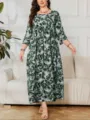 Vestido largo de talla grande con estampado floral, manga larga y diseño cómodo y elegante. - 0XL / 0043