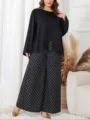 Bequemes Damen Plus-Size Zweiteiler-Set mit Langarmshirt und gemusterter, langer Hose. - 2XL / Schwarz und Rot (02)
