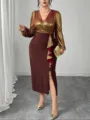 Plus size metallic V-neck long sleeve dress with elegant ruffles and side slit detail. - 0XL / Dresses / Brown