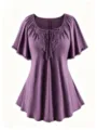 Plus size purple short sleeve top with delicate lace trim, bow tie neckline, and flare hem. - Color 25