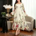 Herbst Blumen quadratischer Ausschnitt Trommelarm Rüschen lose elegante Plus Size Maxi Kleid - 0XL / Aprikose