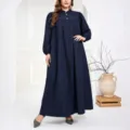 Plus Size Herbst Langarm Stehkragen Knopf lose Maxikleid in eleganter dunkelblauer Variante - 0XL / Blau