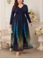 Vista dettagliata dell'elegante abito manica lunga plus size con stampa di piume. - 2XL / Vestiti / Blu scuro