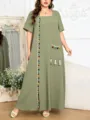 Olivgrünes Übergrößen Maxikleid mit bunten Quasten, kurzen Ärmeln und eleganten Taschendetails. - Stil 243