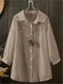Women loose plus size floral embroidered long sleeve button-up shirt casual elegant top - Color 12