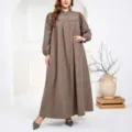 Schönes große Größen Herbst Langarm Stehkragen Knopf Loose Maxikleid in Braun. - 0XL / Braun
