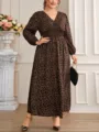Plus size brown leopard print maxi dress with long sleeves, V-neck, and smocked waist design for women. - 0XL / Dresses / Leopard Print
