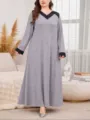 Plus size grey long sleeve dress with black lace V-neck trim elegant casual maxi dress - 1XL / 001