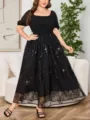 Tallas grandes vestido largo negro con lentejuelas manga corta malla patchwork - 0XL / Negro