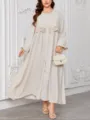 Plus size beige button-down maxi dress with elegant lace yoke, long sleeves and loose fit style. - 0XL / Beige