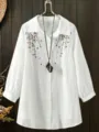 Plus size white long sleeve blouse with delicate floral embroidery and lapel collar for women. - Color 14