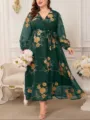 Abito lungo taglie forti verde scuro con scollo a V e raffinato ricamo floreale dorato. - 0XL / Vestiti / Verde scuro