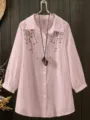 Plus size pink pleated long sleeve blouse featuring delicate floral embroidery and lapel collar. - Color 13