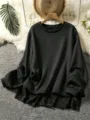 Detail shot of stylish black long sleeve sweatshirt featuring elegant lace hem and cozy design. - Color 7